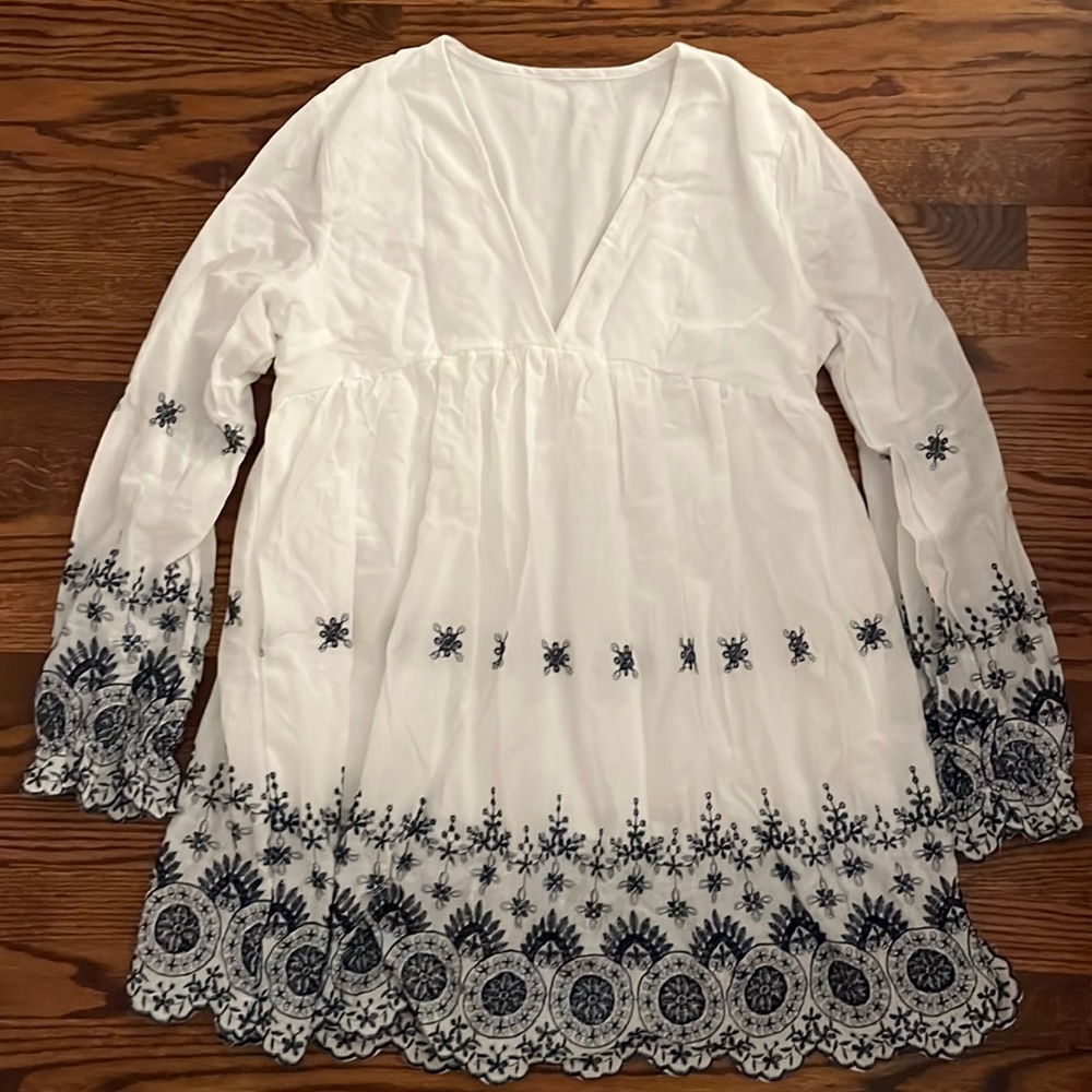 NWOT White with Blue Floral Embroidery Deep V Mini Babydoll Dress